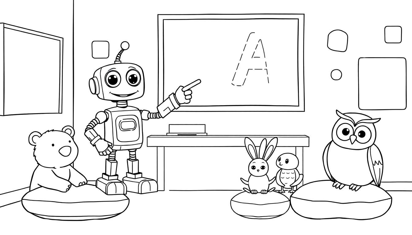 Un robot enseña la letra A a animales en un aula con una pizarra y cojines.