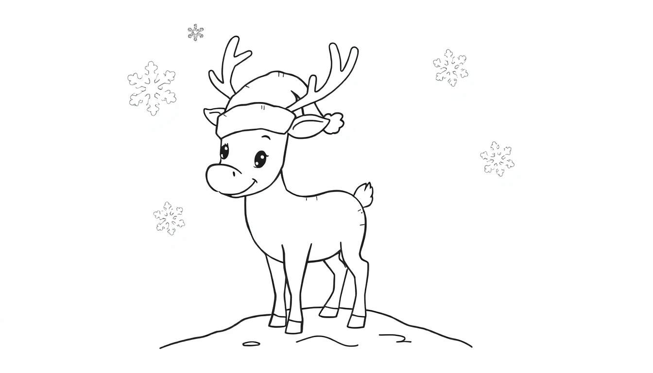 Un dibujo en blanco y negro de un reno navideño amigable con un gorro de Papá Noel y copos de nieve cayendo, listo para colorear en una placa.