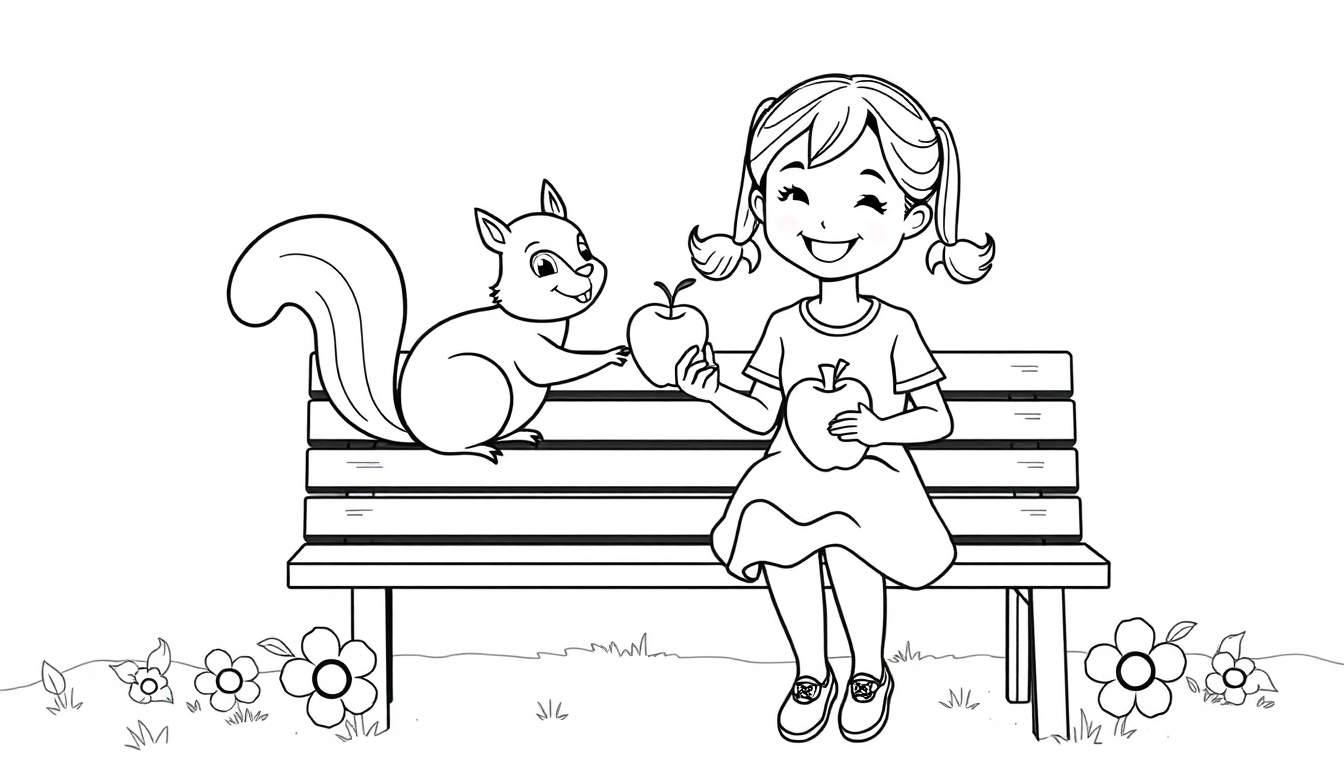 Una niña de dibujos animados con coletas sentada en un banco de jardín con una ardilla, ambas sosteniendo manzanas, con flores y hierba alrededor. Placa de color.