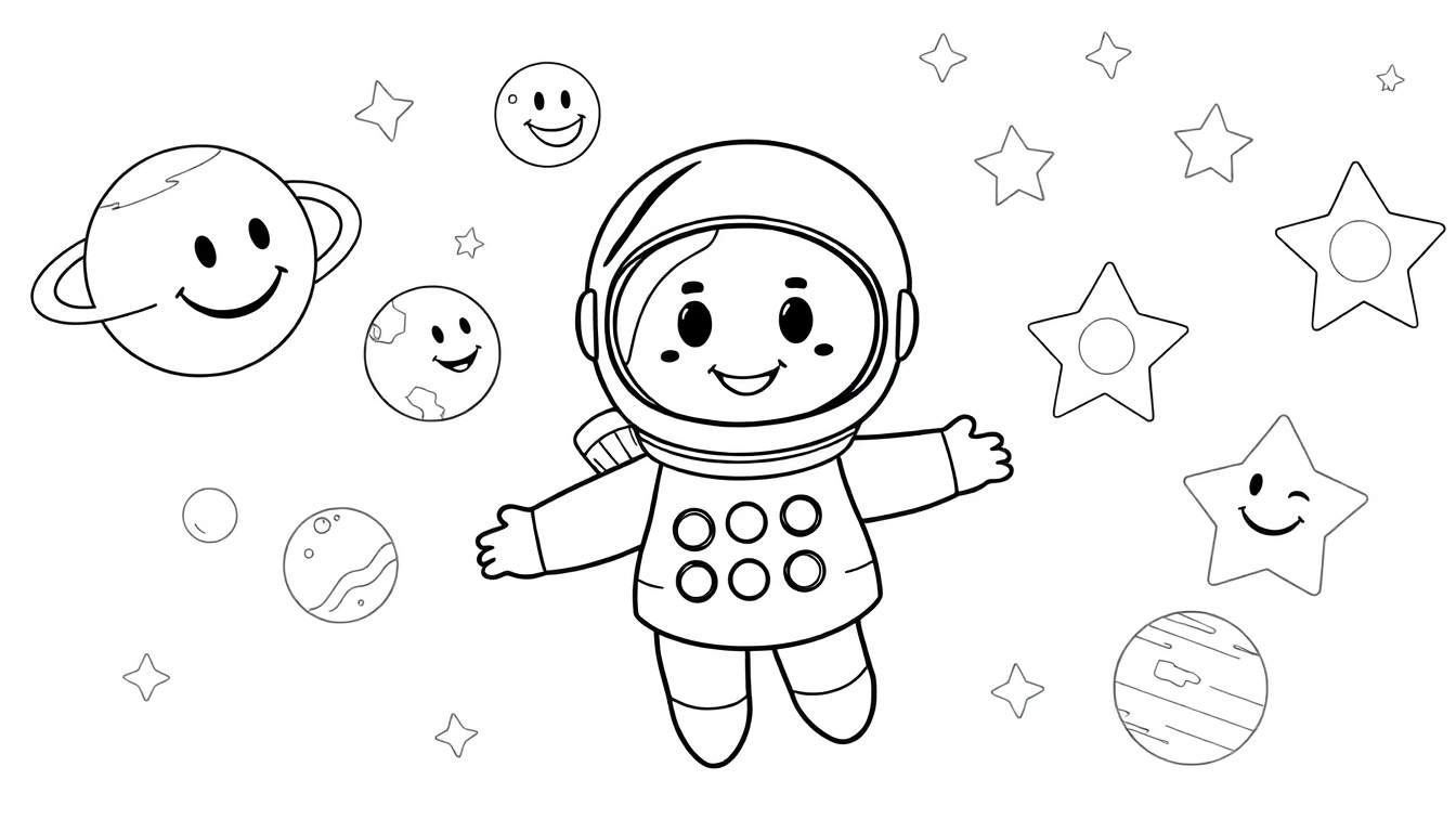 Placa de color de un astronauta sonriente en el espacio con planetas y estrellas amigables.