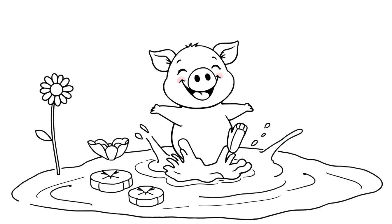 Un cerdo feliz jugando en un charco de barro, con nenúfares y una margarita, listo para colorear.