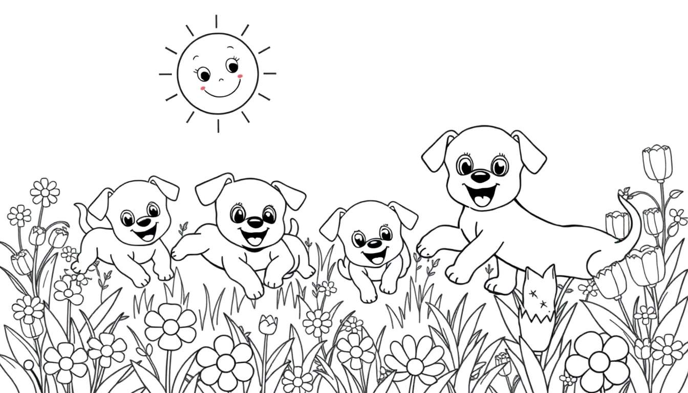 Placa de color con un sol sonriente y cuatro cachorros jugando entre margaritas y tulipanes.