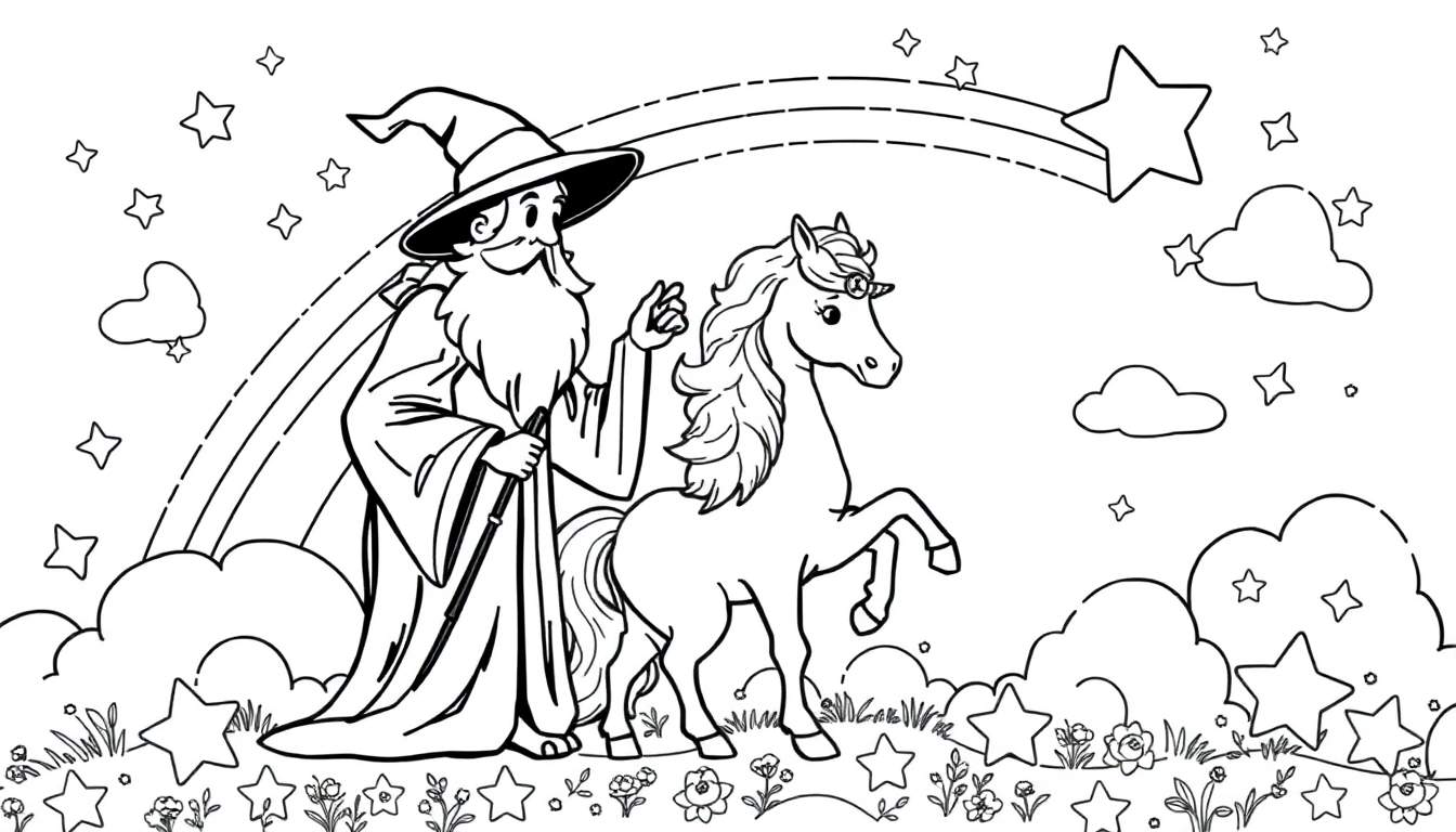 Un dibujo lineal en blanco y negro de un mago con sombrero puntiagudo y barba larga junto a un unicornio brillante, pintando un arcoíris sobre un cielo estrellado con nubes. La parte inferior de la placa de color muestra plantas mágicas.
