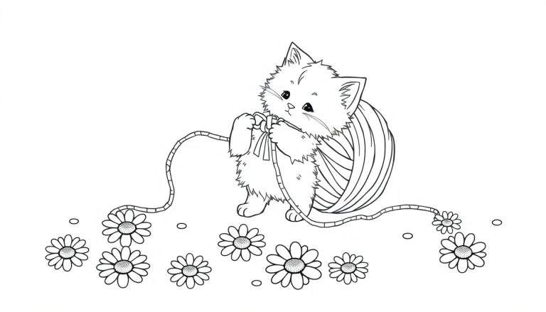 Un dibujo lineal en blanco y negro de un gatito jugando con una bola de estambre en un campo de margaritas. Una placa de color para colorear.