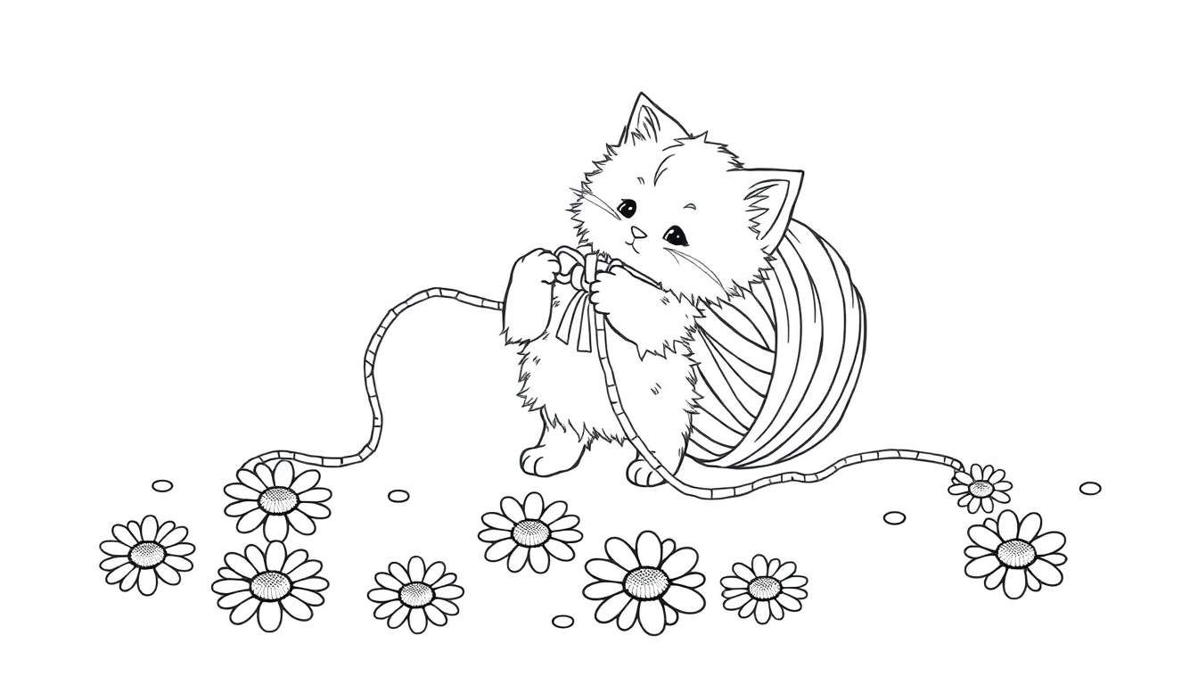 Un dibujo lineal en blanco y negro de un gatito jugando con una bola de estambre en un campo de margaritas. Una placa de color para colorear.