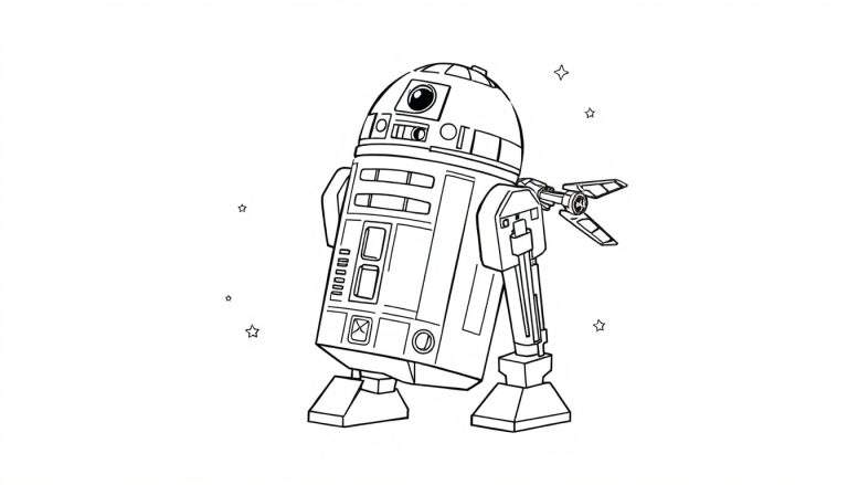 Placa de color de R2-D2 sonriendo entre estrellas con un X-wing