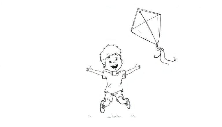 Niño saltando con una cometa, diseñado para una placa de color.