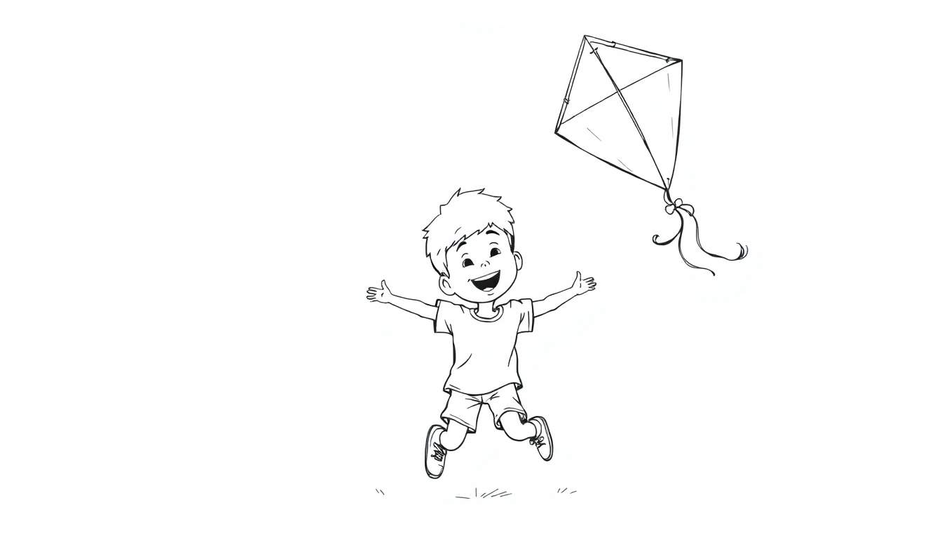 Niño saltando con una cometa, diseñado para una placa de color.