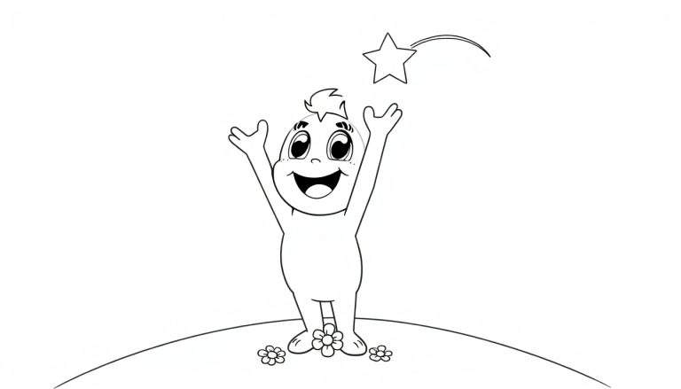 Un personaje animado feliz intentando atrapar una estrella fugaz, listo para colorear, con una placa de color al lado.