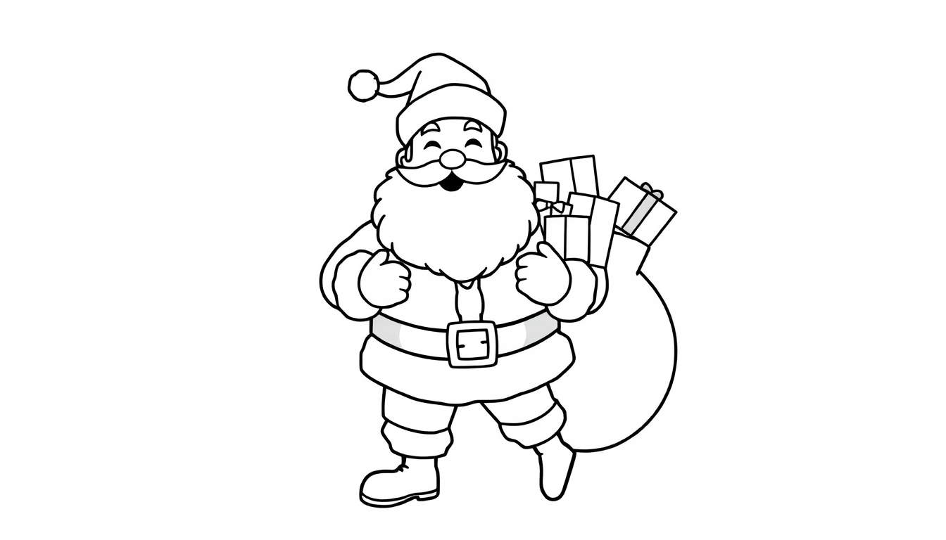 Papá Noel sonriente con un saco de regalos y los pulgares hacia arriba, listo para colorear en la placa de color.
