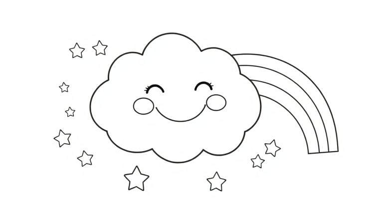 Placa de color: Nube sonriente con estrellas y arcoíris para colorear.