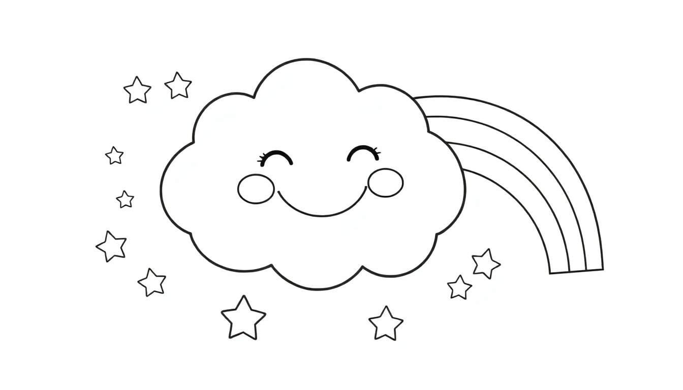 Placa de color: Nube sonriente con estrellas y arcoíris para colorear.
