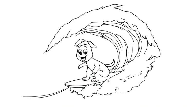 Perro surfista feliz en una tabla de surf sobre una ola, listo para colorear en esta placa de color.