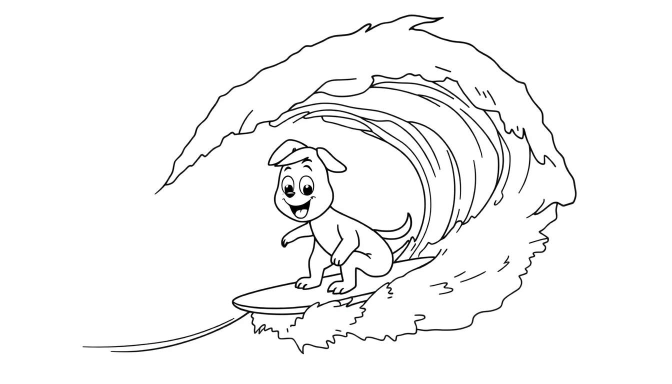 Perro surfista feliz en una tabla de surf sobre una ola, listo para colorear en esta placa de color.