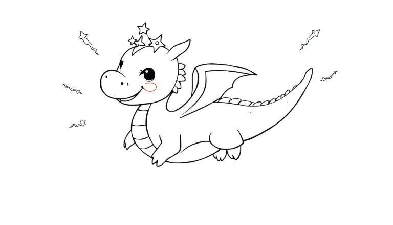 Placa de color: Lindo dragón amigable con corona de estrellas y cometas, listo para colorear.