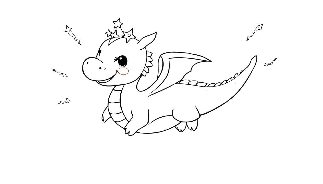 Placa de color: Lindo dragón amigable con corona de estrellas y cometas, listo para colorear.