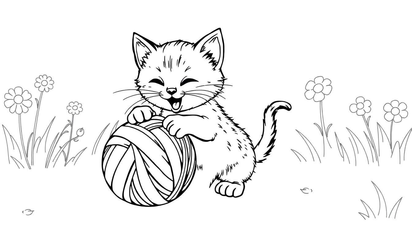 Un lindo gatito jugando con una pelota de lana colorida en un jardín, para colorear, con la placa de color.