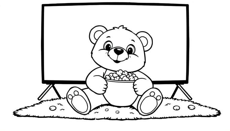 Oso de peluche de placa de color con palomitas de maíz frente a una pantalla.