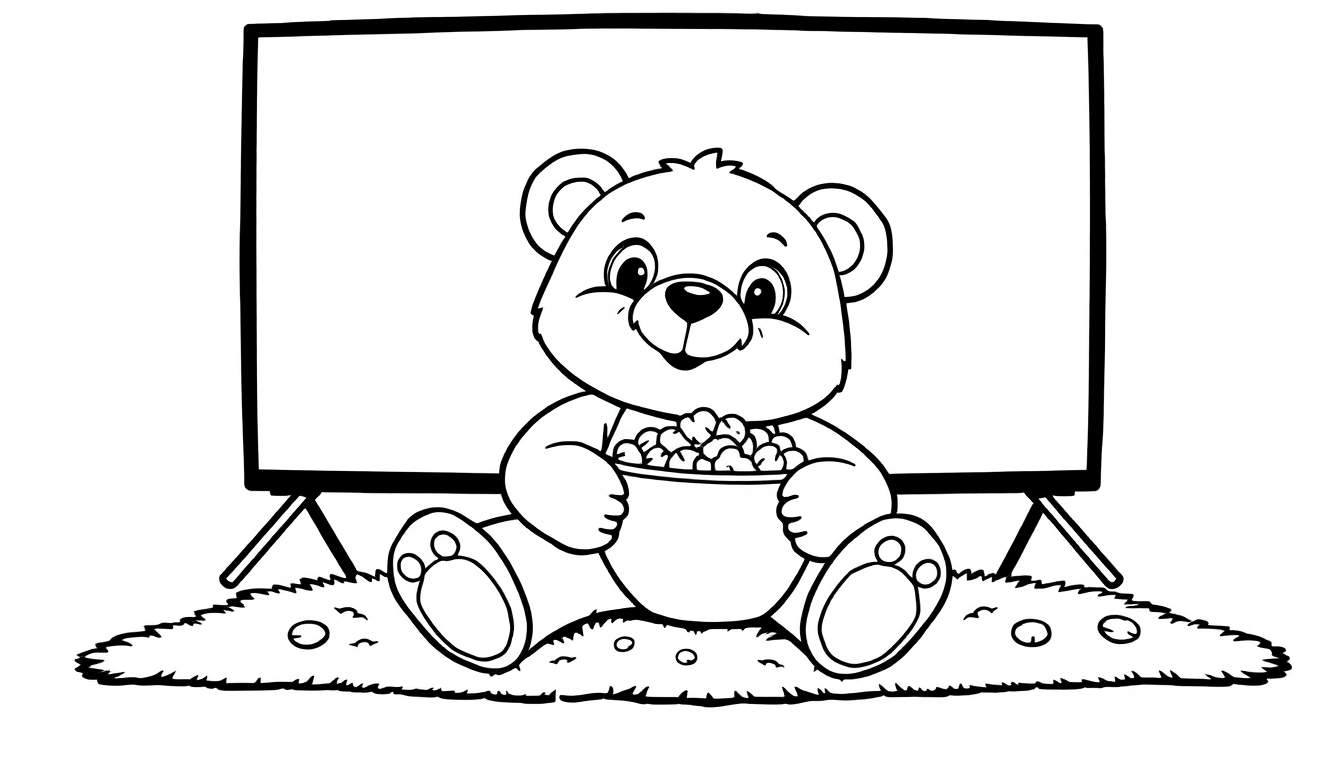 Oso de peluche de placa de color con palomitas de maíz frente a una pantalla.