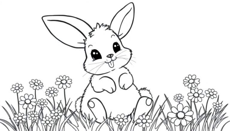 Un conejito blanco y negro, diseñado para colorear, sentado en un campo de flores.