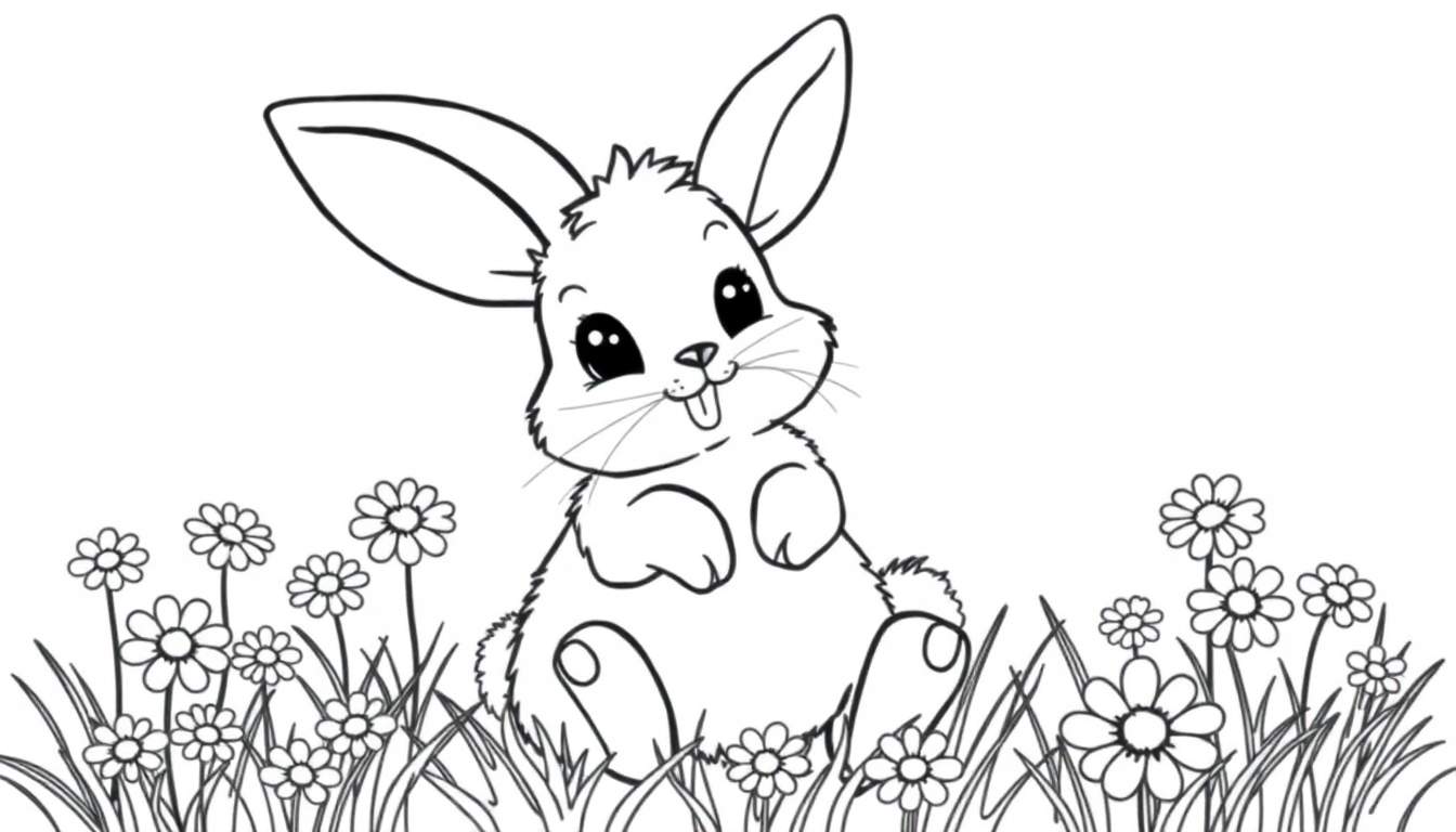 Un conejito blanco y negro, diseñado para colorear, sentado en un campo de flores.