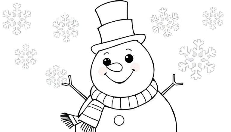 Placa de color de un muñeco de nieve sonriente con sombrero y bufanda, rodeado de copos de nieve.