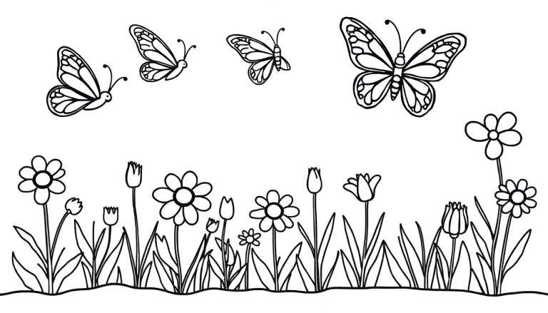 Una placa de color con mariposas y flores para colorear.