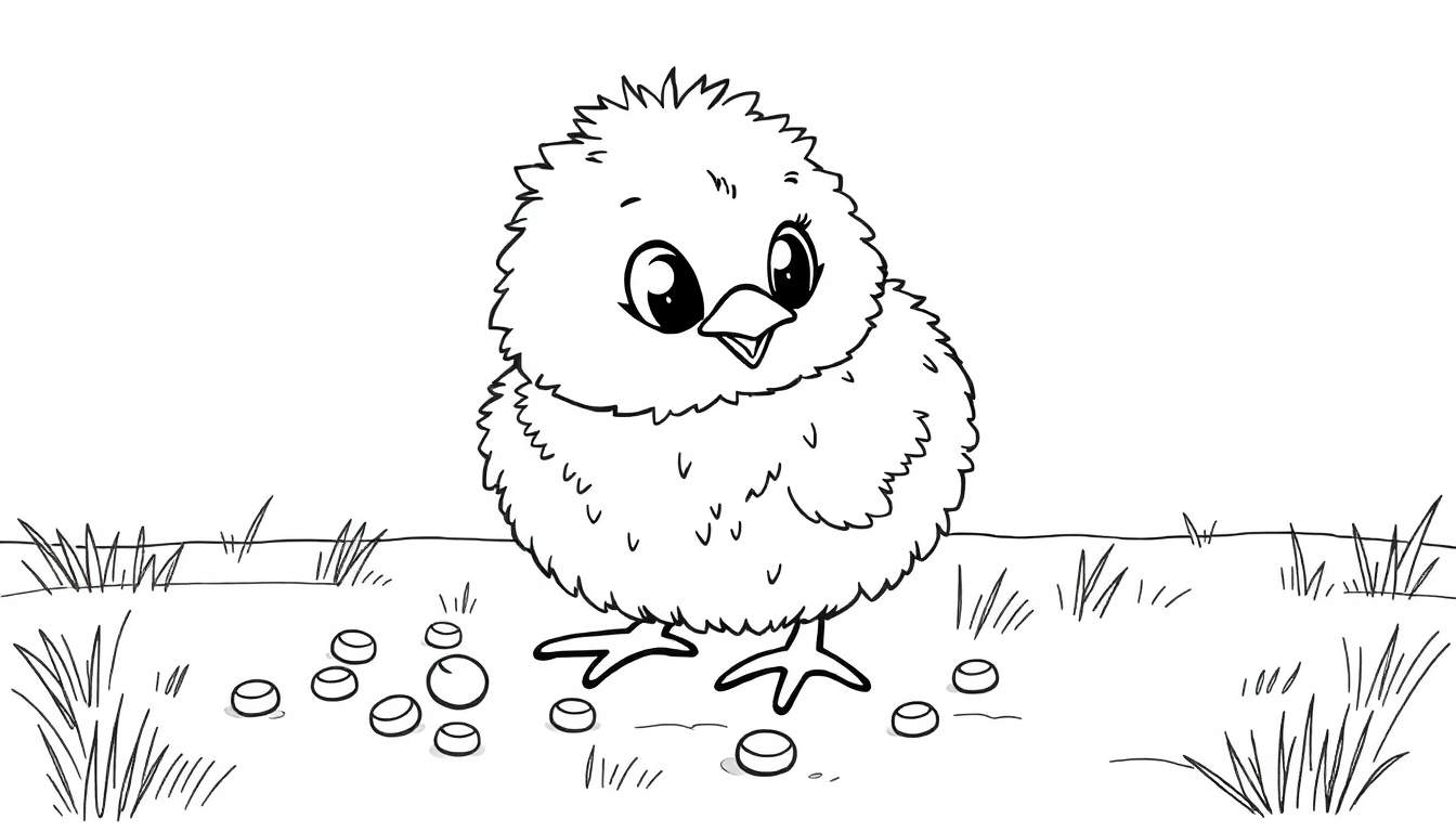 Un pollito tierno en una placa de color, listo para ser coloreado.