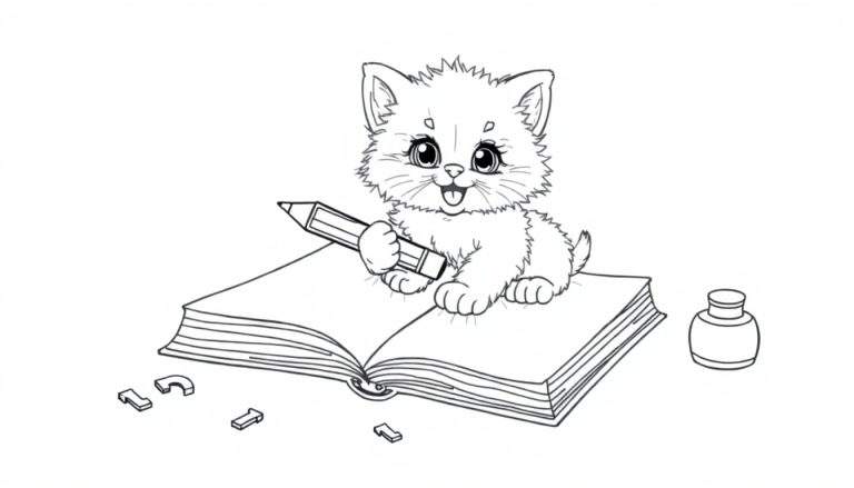 Placa de color: Gatito escribiendo en un libro.