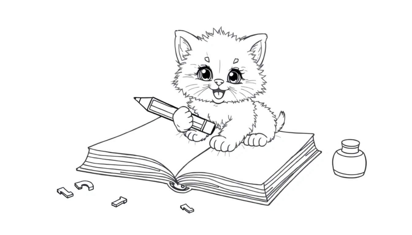 Placa de color: Gatito escribiendo en un libro.