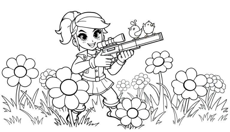 Página para colorear de Piper de Brawl Stars con un pollito en un campo de flores, lista para la acción.