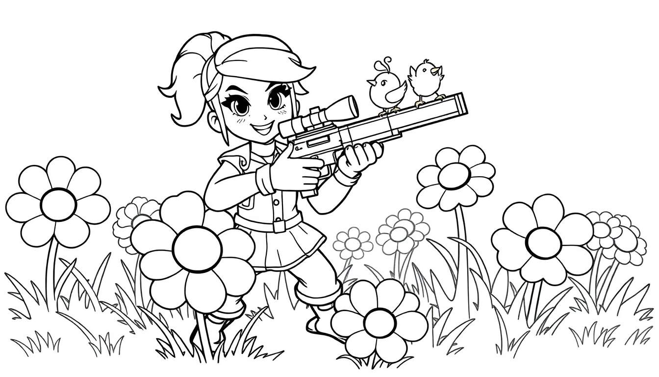 Página para colorear de Piper de Brawl Stars con un pollito en un campo de flores, lista para la acción.