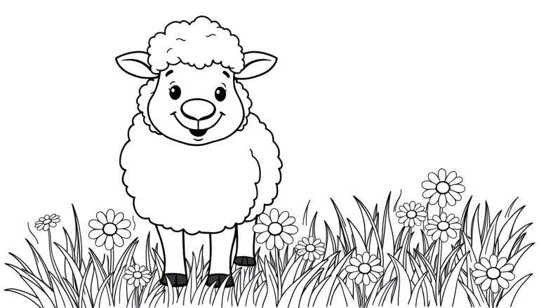 Ovejita lanuda en un campo de flores, lista para colorear. Placa de color.
