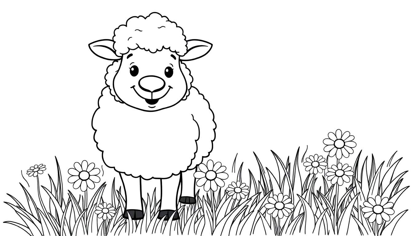 Ovejita lanuda en un campo de flores, lista para colorear. Placa de color.