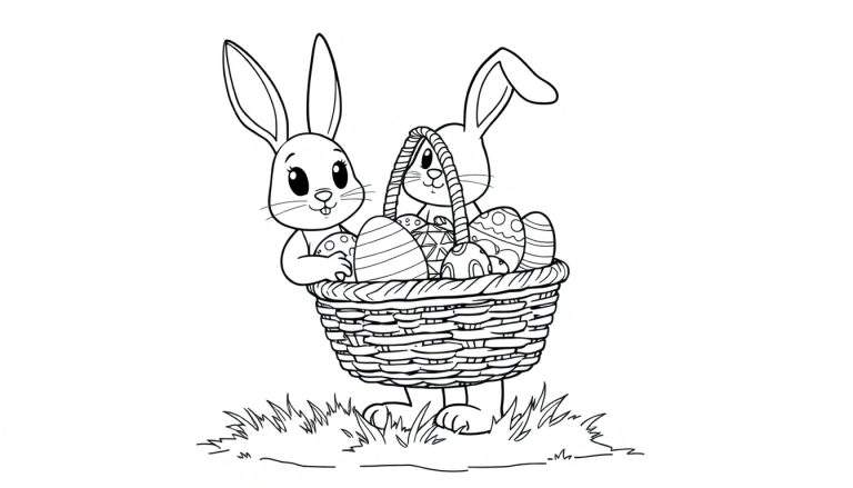 Placa de color de un conejito de Pascua con una cesta llena de huevos para colorear.
