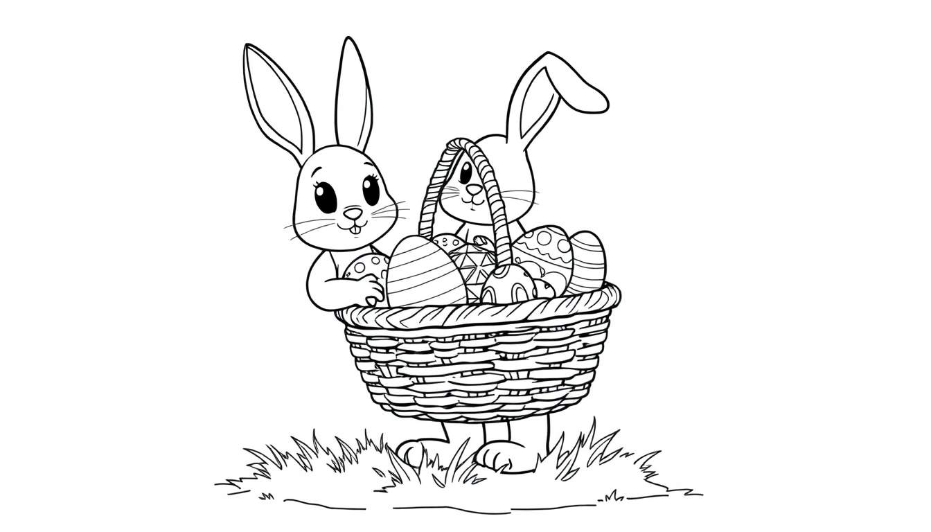 Placa de color de un conejito de Pascua con una cesta llena de huevos para colorear.