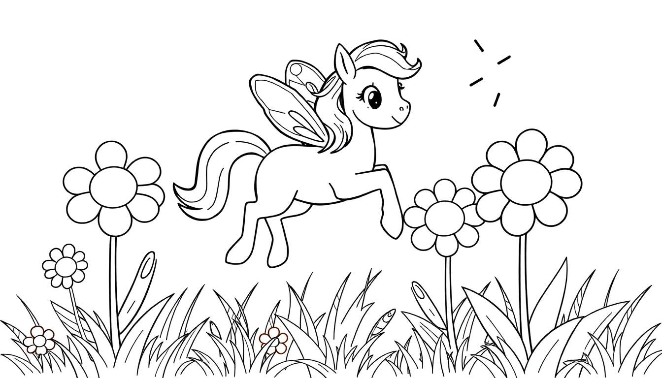 Placa de color de un pony feliz con alas de mariposa volando sobre flores arcoíris.