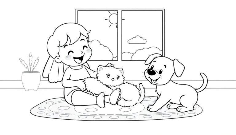 Placa de color Toca Boca: Niña sonriendo sentada con un gato en su regazo y un perro a su lado, cerca de una ventana y una planta.