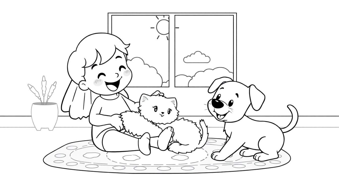 Placa de color Toca Boca: Niña sonriendo sentada con un gato en su regazo y un perro a su lado, cerca de una ventana y una planta.