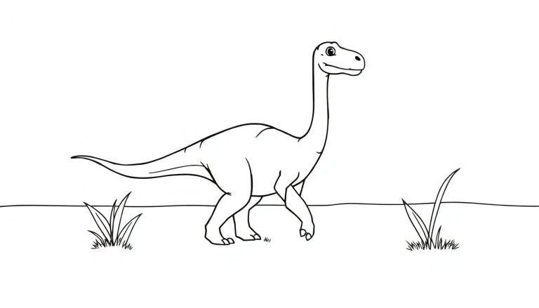 Placa de color de un Diplodocus amigable caminando en un prado.