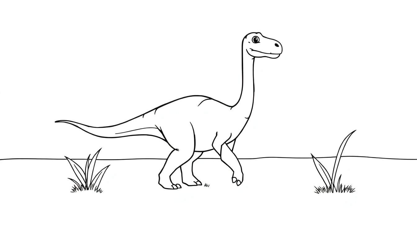 Placa de color de un Diplodocus amigable caminando en un prado.