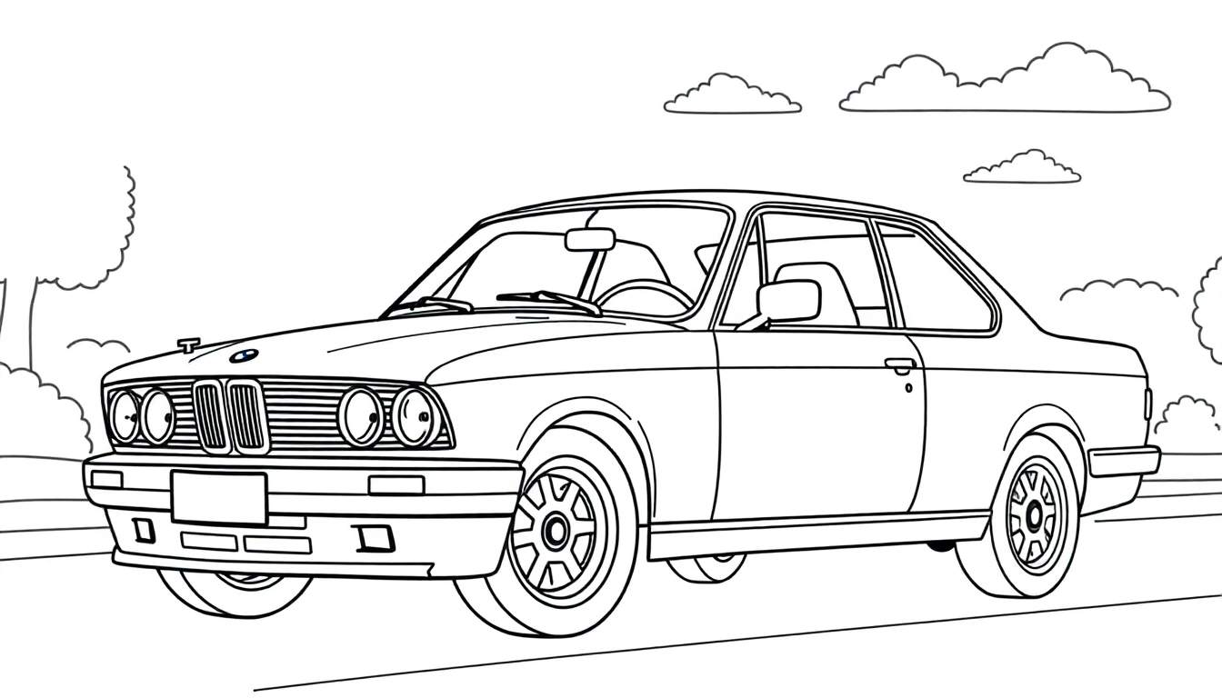 Un coche BMW clásico para colorear con líneas gruesas, listo para que los niños lo pinten.