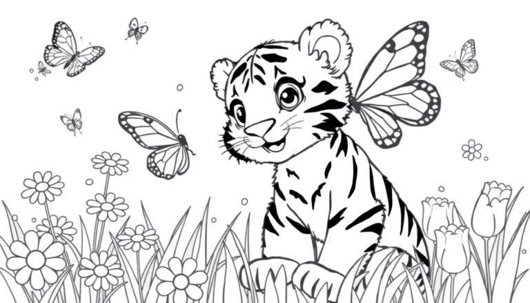 Placa de color: un cachorro de tigre con alas de mariposa en un campo de flores.