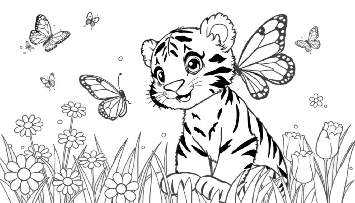 Placa de color: un cachorro de tigre con alas de mariposa en un campo de flores.