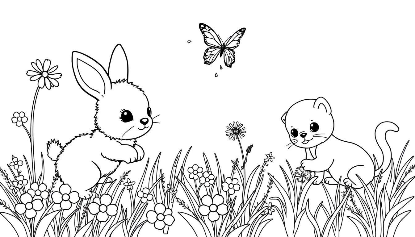 Página para colorear de un conejito y un gatito jugando entre flores y hierba alta, una placa de color.