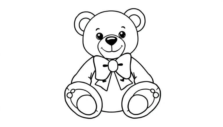 Página para colorear de un osito de peluche con un gran lazo, listo para colorear.