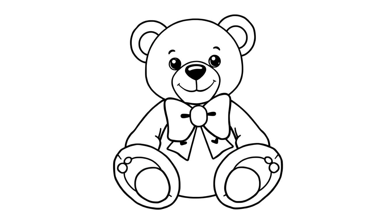 Página para colorear de un osito de peluche con un gran lazo, listo para colorear.