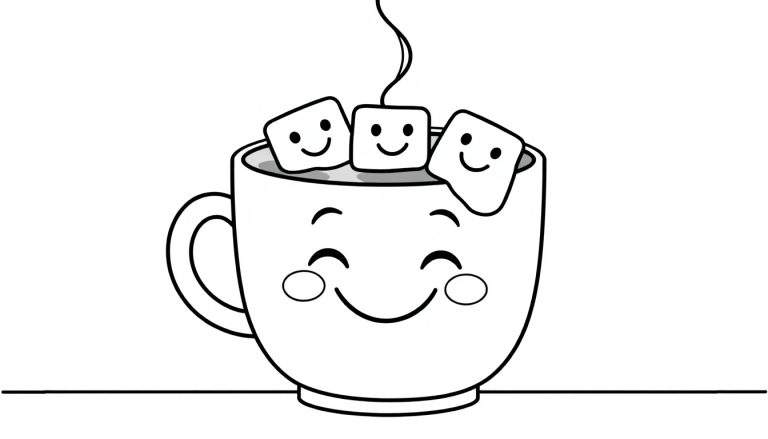 Placa de color de una taza de chocolate caliente sonriente con malvaviscos.