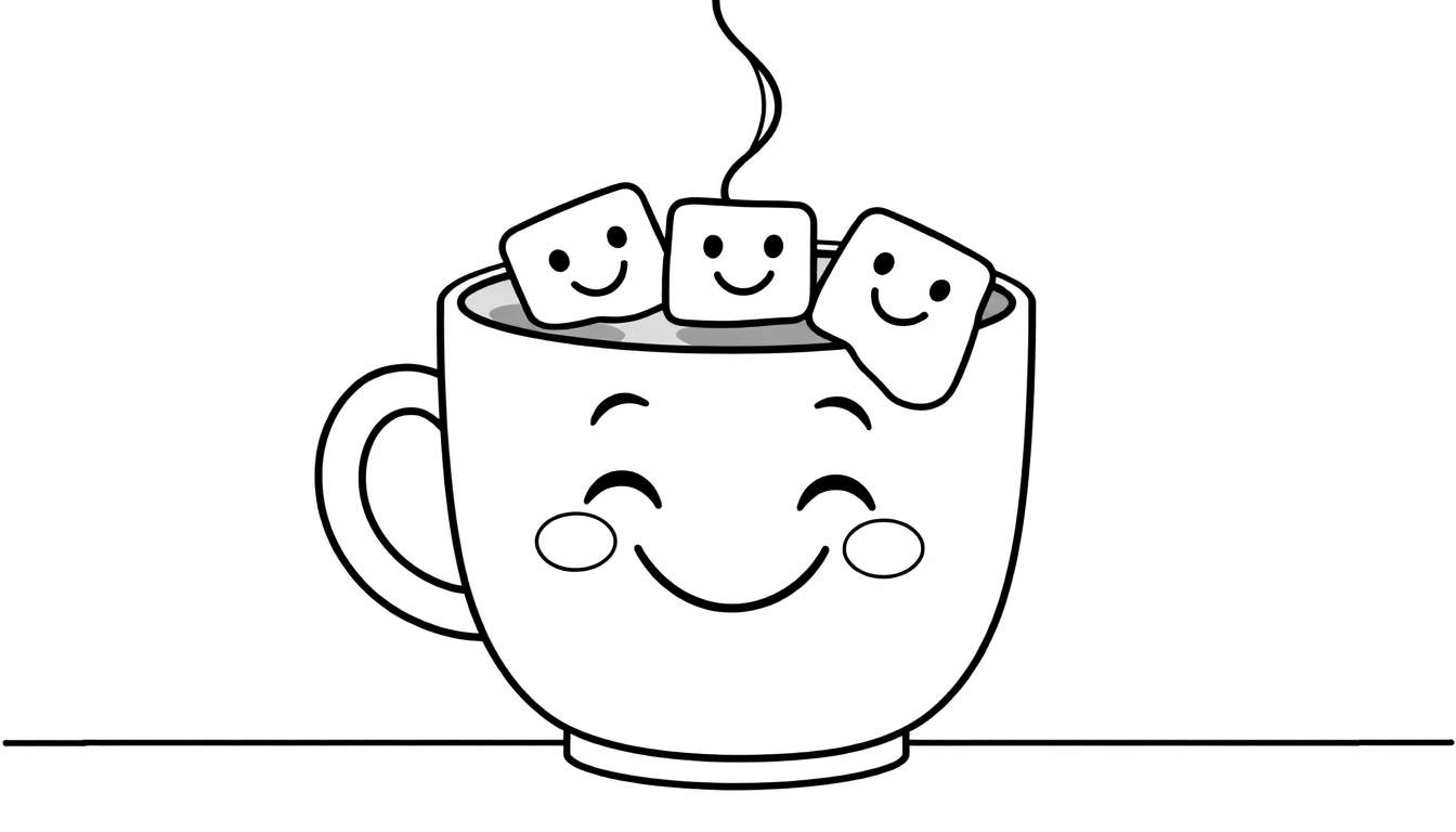 Placa de color de una taza de chocolate caliente sonriente con malvaviscos.