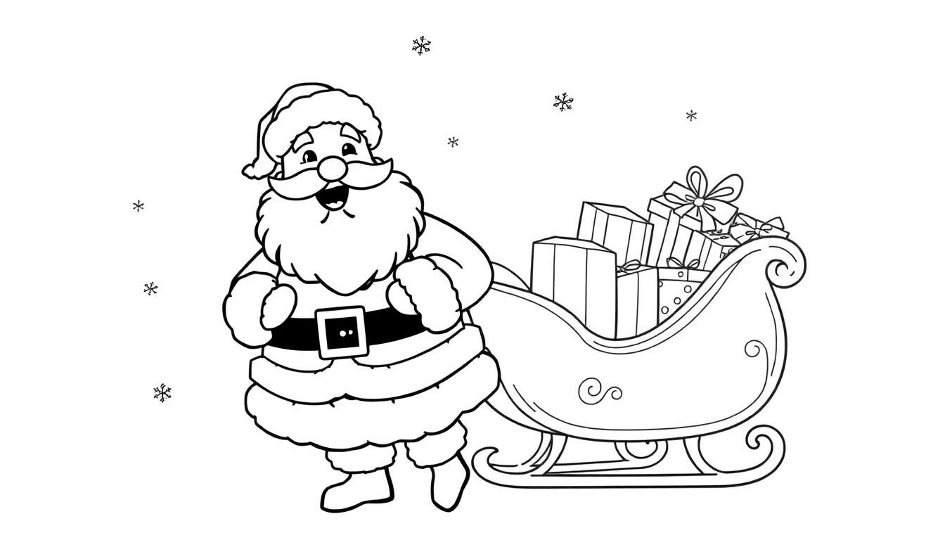 Placa de color de Papá Noel sonriente con su trineo lleno de regalos.
